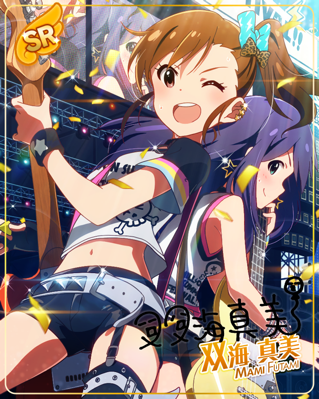 blush brown_hair character_name dress futami_mami idolmaster_million_live!_theater_days long_hair side_ponytail smile violet_eyes wink