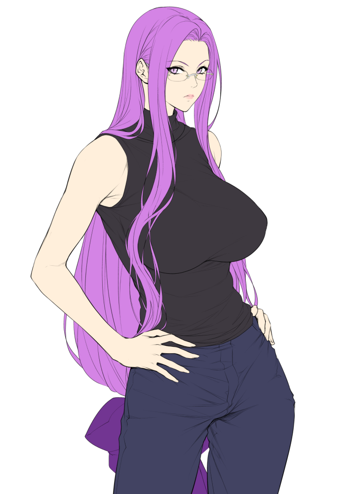 1girl bow breasts cowboy_shot eyebrows_visible_through_hair fate/stay_night fate_(series) hair_tie hands_on_hips large_breasts long_hair looking_at_viewer low-tied_long_hair pants purple_hair rider sidelocks sleeveless_sweater solo sweater turtleneck turtleneck_sweater very_long_hair violet_eyes zucchini