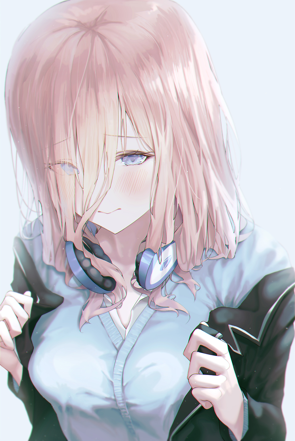 1girl black_jacket blazer blue_cardigan blue_eyes blush breasts cardigan closed_mouth from_above go-toubun_no_hanayome grey_background hair_over_one_eye headphones headphones_around_neck highres holding jacket large_breasts long_hair long_sleeves looking_at_viewer moda_(mo_da_3) nakano_miku off_shoulder open_clothes open_jacket shirt simple_background solo undressing upper_body white_shirt