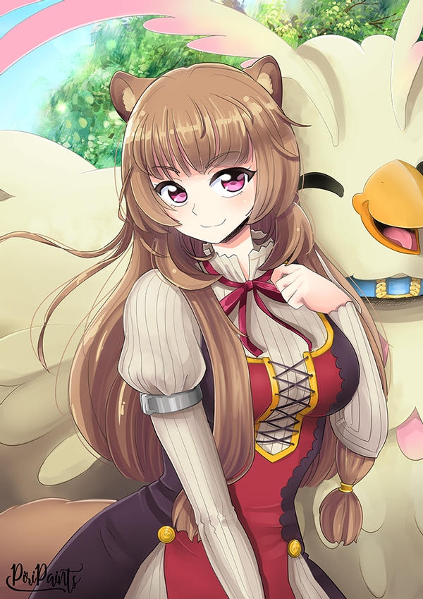 animal_ear_fluff animal_ears breasts brown_hair dress feathered_wings firo_(tate_no_yuusha_no_nariagari) hand_on_own_chest long_hair looking_at_viewer pink_eyes piripaints raccoon_ears raccoon_tail raphtalia red_ribbon ribbon smile tail tate_no_yuusha_no_nariagari tree wings