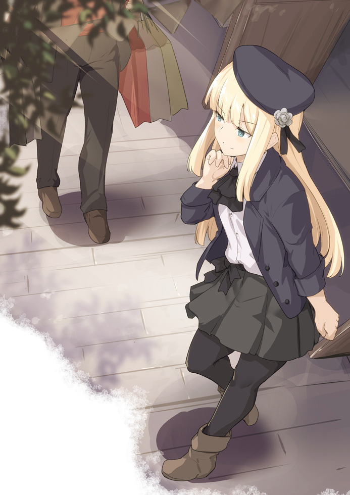 1girl 1other ankle_boots arm_at_side ascot bag bangs beret black_headwear black_jacket black_legwear black_neckwear blonde_hair boots brown_footwear brown_pants brown_skirt closed_mouth eyebrows_visible_through_hair fate_(series) flower from_above hand_on_own_chin hand_up hat jacket long_hair long_sleeves open_clothes open_jacket pants pantyhose reines_el-melloi_archisorte shirt shiseki_hirame shopping_bag skirt solo_focus white_shirt