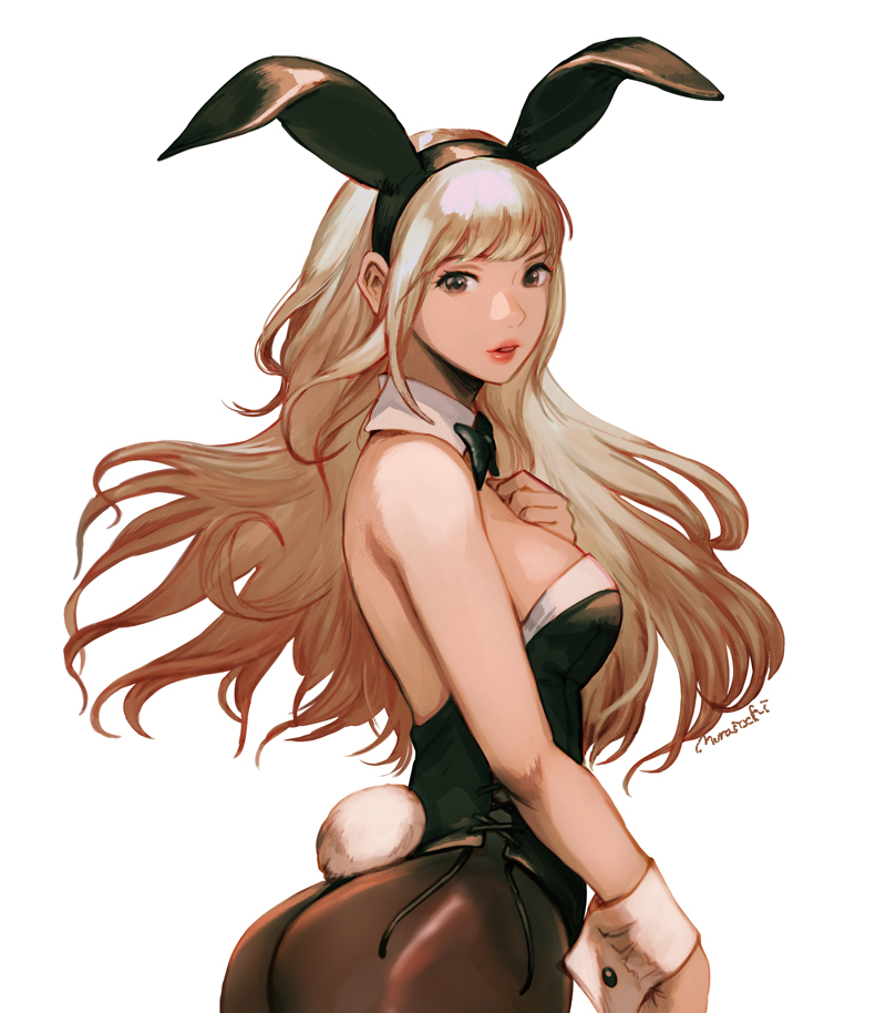 1girl animal_ears ass bangs bare_shoulders bow bowtie breast_suppress breasts brown_eyes brown_legwear bunny_day bunny_girl bunny_tail bunnysuit cowboy_shot detached_collar fake_animal_ears fake_tail hair_spread_out hairband large_breasts leotard lipstick long_hair looking_at_viewer makeup muraicchi_(momocchi) original pantyhose parted_lips rabbit_ears side-tie_leotard solo strapless strapless_leotard tail untied white_background wrist_cuffs