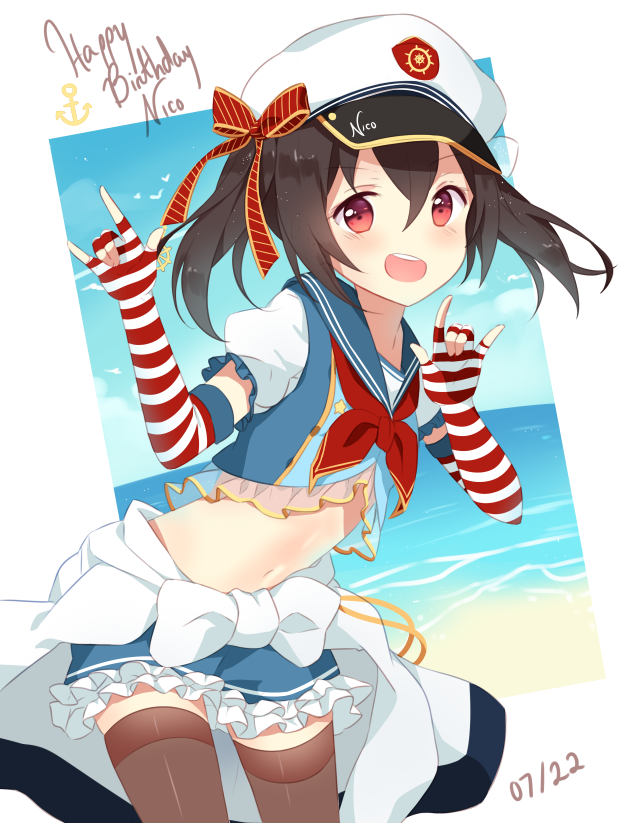 1girl \m/ arched_back bangs black_hair blue_sailor_collar blue_skirt bow brown_legwear clothes_around_waist elbow_gloves frilled_skirt frills gloves hat hat_bow hitsukuya looking_at_viewer love_live! midriff navel neckerchief open_mouth red_bow red_eyes red_gloves red_neckwear sailor sailor_collar sailor_hat school_uniform serafuku short_hair skirt smile solo standing striped striped_gloves thigh-highs twintails w_arms yazawa_nico