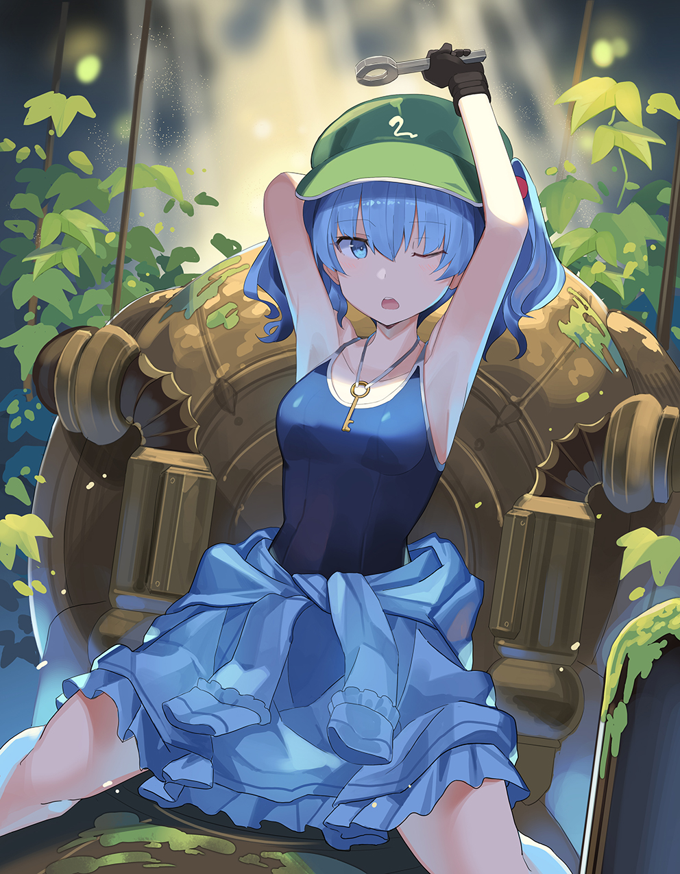 1girl armpits arms_up black_gloves blue_eyes blue_hair blue_swimsuit breasts clothes_around_waist commentary flat_cap gloves green_headwear hat highres holding holding_wrench jacket jacket_around_waist jewelry kawashiro_nitori key key_necklace looking_at_viewer necklace one-piece_swimsuit one_eye_closed open_mouth plant rin_falcon sitting solo swimsuit swimsuit_under_clothes touhou twintails wrench