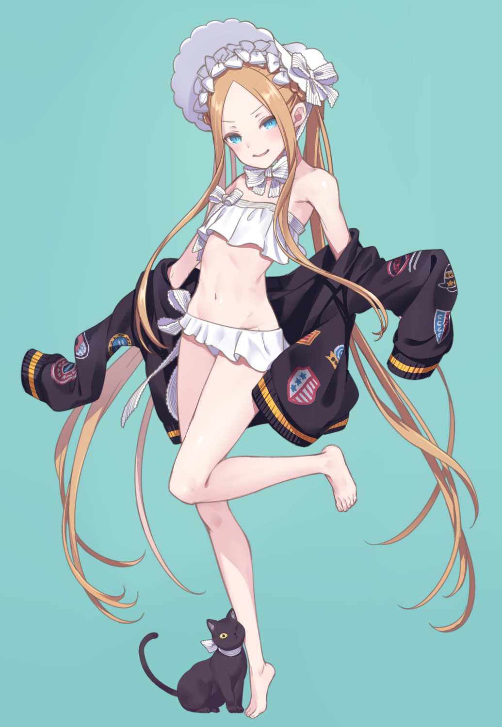 1girl :d abigail_williams_(swimsuit_foreigner)_(fate) bangs bare_shoulders barefoot bikini blonde_hair blue_background blue_eyes bow cat fate/grand_order fate_(series) flat_chest forehead frilled_bikini frills full_body groin hat hat_bow highres long_hair navel open_mouth parted_bangs roku_(saba_kan) shiny shiny_hair simple_background smile solo standing standing_on_one_leg strapless strapless_bikini striped striped_bow swimsuit twintails very_long_hair white_bikini white_bow white_headwear