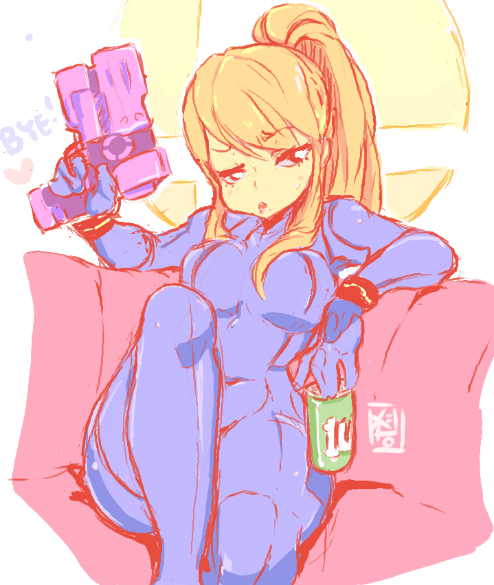 1girl aliasing artist_name bangs black_eyes blonde_hair blue_bodysuit blush bodysuit breasts can commentary couch covered_navel english_commentary english_text eyebrows_visible_through_hair gun half-closed_eyes hand_up handgun heart holding holding_gun holding_weapon knee_up light_blush logo long_hair looking_at_viewer looking_to_the_side medium_breasts metroid nintendo open_mouth outline ponytail raised_eyebrow samus_aran signature sitting sketch solo starmilk super_smash_bros. sweat swept_bangs teeth tied_hair weapon white_outline zero_suit