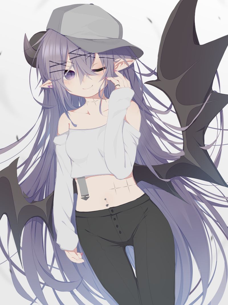 1girl ;) bangs baseball_cap black_pants black_wings blush breasts closed_mouth commentary_request crop_top curled_horns demon_girl demon_horns demon_wings eyebrows_visible_through_hair fingernails grey_background grey_headwear hair_between_eyes hair_ornament hairclip hand_up hat horns jewelry long_hair long_sleeves low_wings midriff mofuaki nail_polish navel navel_piercing one_eye_closed original pants piercing pink_nails pointy_ears purple_hair ring shirt simple_background sleeves_past_wrists small_breasts smile solo strapless_shirt thigh_gap very_long_hair violet_eyes white_shirt wings x_hair_ornament