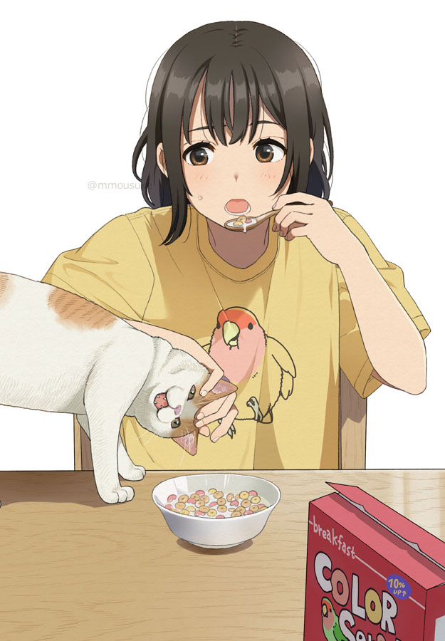 1girl bird black_hair blush bowl brand_name_imitation brown_eyes cat cereal cereal_box chair commentary eating english_text mattaku_mousuke milk open_mouth original parakeet shirt short_hair short_sleeves simple_background solo spoon sweatdrop t-shirt table twitter_username upper_body white_background yellow_shirt