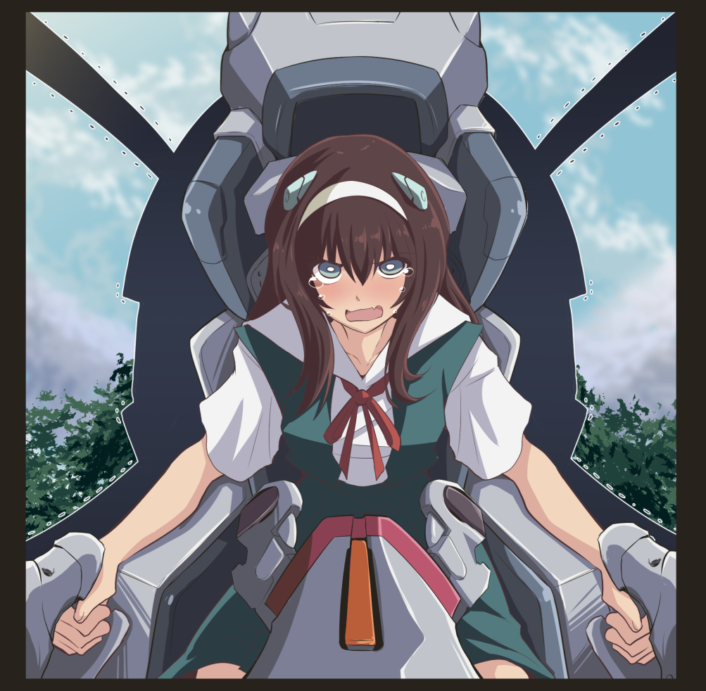 1boy androgynous bangs blue_eyes blue_skirt blush bow brown_hair clouds cockpit commentary crossdressinging embarrassed entry_plug fang forest fujitaka_nasu hair_between_eyes headband holding ikari_shinji interface_headset long_hair looking_at_viewer mountain nature neon_genesis_evangelion open_mouth red_neckwear seat shirt short_sleeves sitting skin_fang skirt sky solo suspender_skirt suspenders tearing_up textless tree trembling white_headband white_headwear white_shirt wig