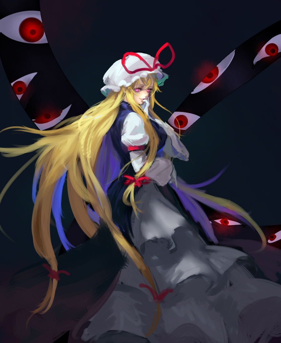 1girl arm_garter arm_strap bangs black_background blonde_hair bow commentary_request dark dress finger_to_mouth floating_hair full_body gap_(touhou) gloves glowing glowing_eyes hair_ribbon hand_to_own_mouth hand_up hat hat_ribbon high_collar inishie_kumo juliet_sleeves layered_dress long_hair long_sleeves looking_at_viewer looking_to_the_side low-tied_long_hair mob_cap multi-tied_hair parted_lips pink_eyes puffy_sleeves red_bow red_eyes red_ribbon ribbon sidelocks smirk solo tabard touhou very_long_hair violet_eyes white_dress white_gloves white_headwear yakumo_yukari