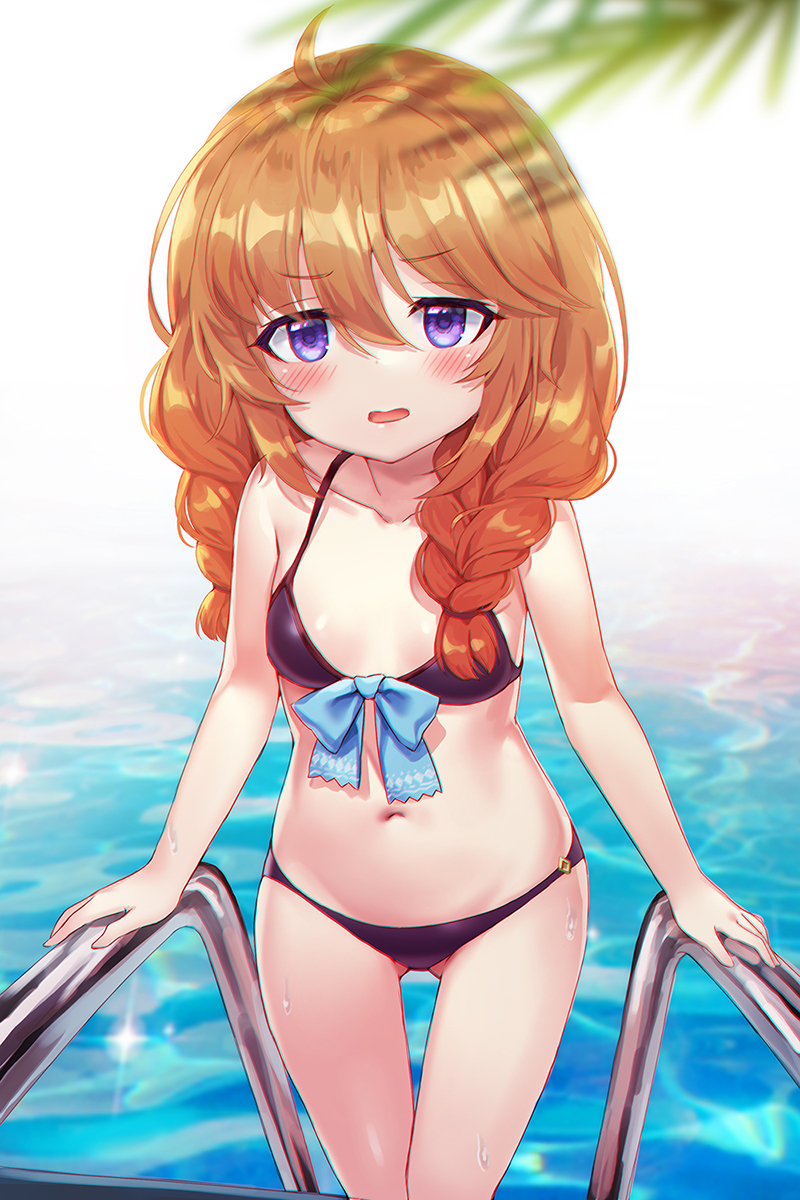 1girl ahoge ass_visible_through_thighs braid collarbone cowboy_shot flat_chest highres long_hair looking_at_viewer navel picter pool_ladder princess_connect! princess_connect!_re:dive redhead solo twin_braids violet_eyes water yuni_(princess_connect!)