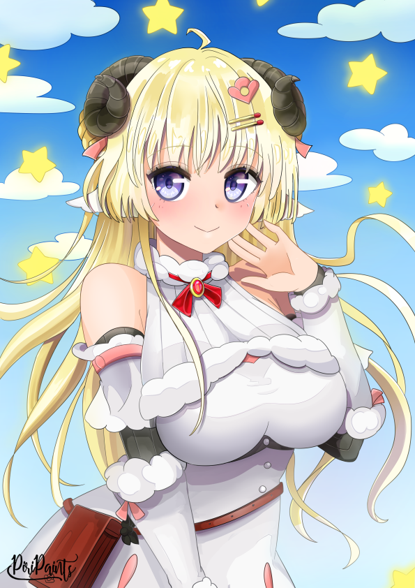 animal_ears arm_warmers artist_name bare_shoulders blonde_hair breasts clouds cloudy_sky dress hair_ornament hand_on_own_cheek hand_on_own_face hololive horns large_breasts long_hair piripaints red_ribbon ribbon sheep_girl sheep_horns signature sky star_(symbol) tsunomaki_watame violet_eyes virtual_youtuber white_dress