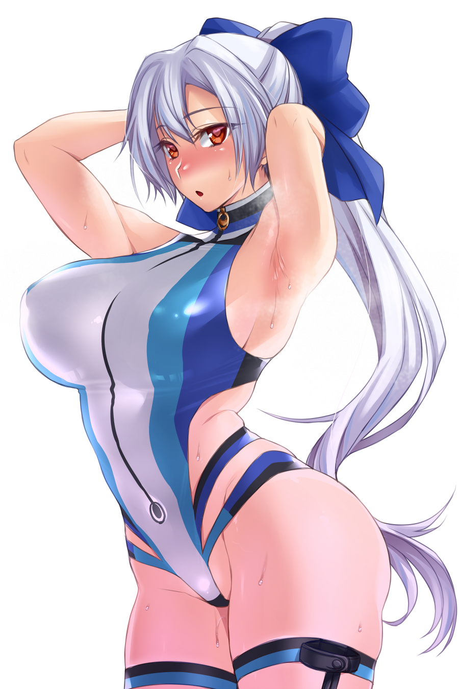 1girl armpits arms_up bangs blue_bow blue_swimsuit blush bow breasts fate/grand_order fate_(series) hair_bow high_ponytail highleg highleg_swimsuit highres large_breasts long_hair looking_at_viewer multicolored multicolored_clothes multicolored_swimsuit namidame open_mouth red_eyes silver_hair solo sweat swimsuit thigh_strap tomoe_gozen_(fate/grand_order) tomoe_gozen_(swimsuit_saber)_(fate) two-tone_swimsuit white_swimsuit