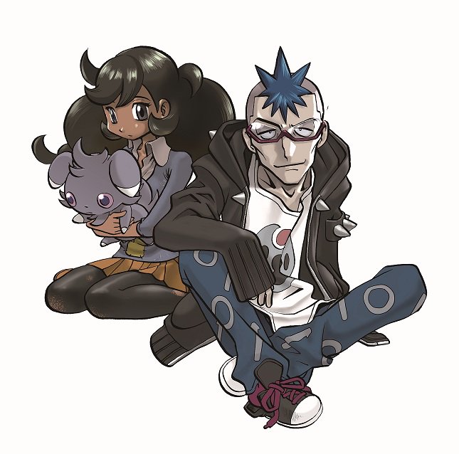 1boy 1girl black_footwear black_hoodie black_legwear blue_hair blue_pants blue_sweater brown_eyes brown_hair brown_skirt cassius_(pokemon) closed_mouth commentary_request dark_skin emma_(pokemon) esprit_(pokemon) espurr gen_6_pokemon glasses holding holding_pokemon hood hood_down hoodie indian_style kneeling long_hair looking_at_viewer looking_to_the_side open_clothes open_hoodie pants pantyhose patches pleated_skirt pokemon pokemon_(creature) pokemon_(game) pokemon_xy print_shirt punk_guy_(pokemon) semi-rimless_eyewear shirt shoes short_hair simple_background sitting skirt sneakers sweater under-rim_eyewear very_dark_skin very_short_hair white_background white_shirt yamamoto_satoshi