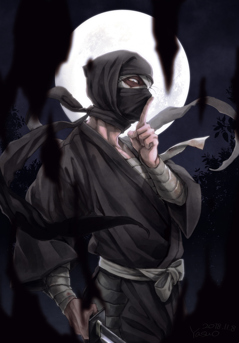 1boy bandaged_arm bandaged_head bandages black_eyes black_hair blood bloody_bandages blurry blurry_foreground finger_to_mouth forest holding holding_sword holding_weapon katana looking_at_viewer male_focus mask moon nature night night_sky ninja outdoors rakudai_ninja_rantarou shushing sky solo sword weapon yasuo_(chisyu0204) zatto_konnamon