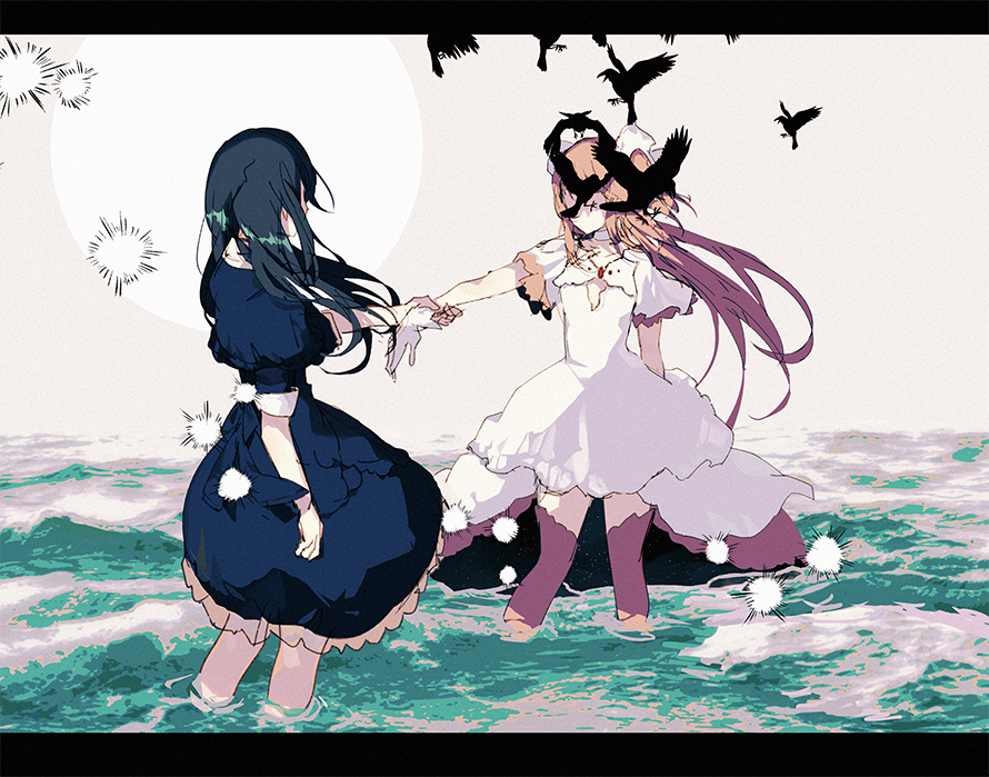 2girls akemi_homura arm_at_side beige_background bird black_capelet black_dress black_hair capelet choker circle collarbone commentary_request covered_face crow dress faceless faceless_female facing_away flat_chest frilled_dress frills gloves goddess_madoka hair_ribbon homulilly kaname_madoka layered_dress legs_apart letterboxed long_dress long_hair mahou_shoujo_madoka_magica mahou_shoujo_madoka_magica_movie multiple_girls ocean outstretched_arm pc_(z_yu) pink_hair pink_legwear profile ribbon ripples see-through shiny shiny_hair short_sleeves simple_background sparkle standing straight_hair thigh-highs two_side_up very_long_hair wading water waves white_choker white_dress white_gloves white_neckwear white_ribbon wide_sleeves wrist_grab zettai_ryouiki