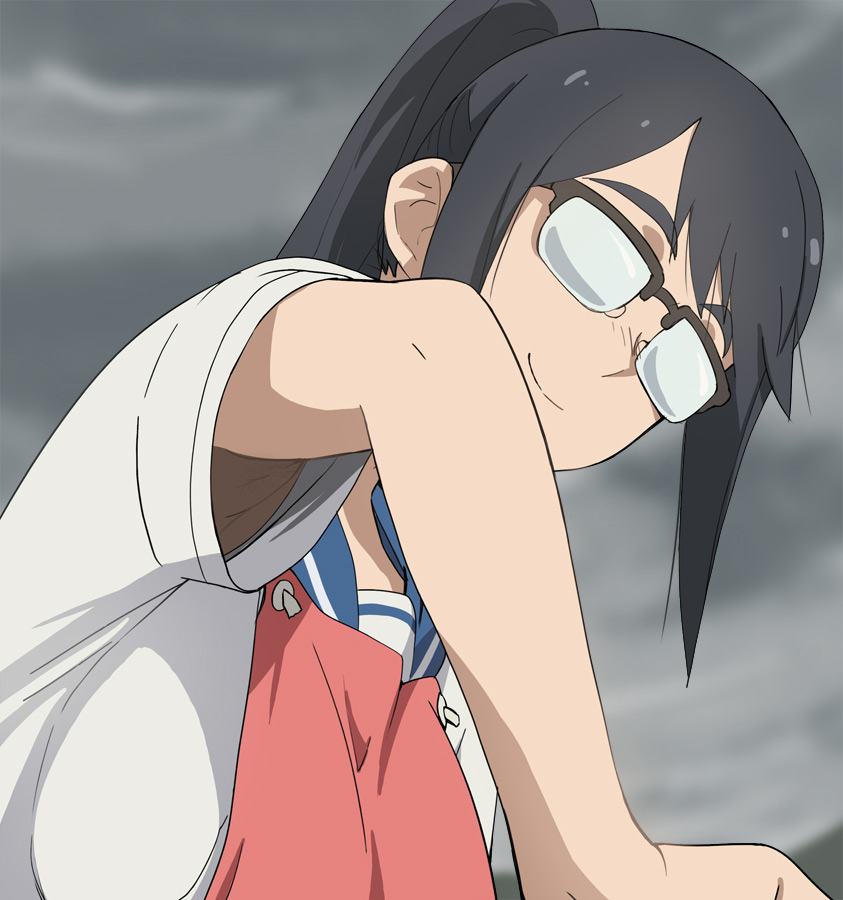 1girl apron armpits black_hair closed_mouth clouds cloudy_sky glasses haruyama_kazunori houkago_teibou_nisshi oono_makoto opaque_glasses ponytail red_apron school_uniform short_hair short_sleeves sky smile solo