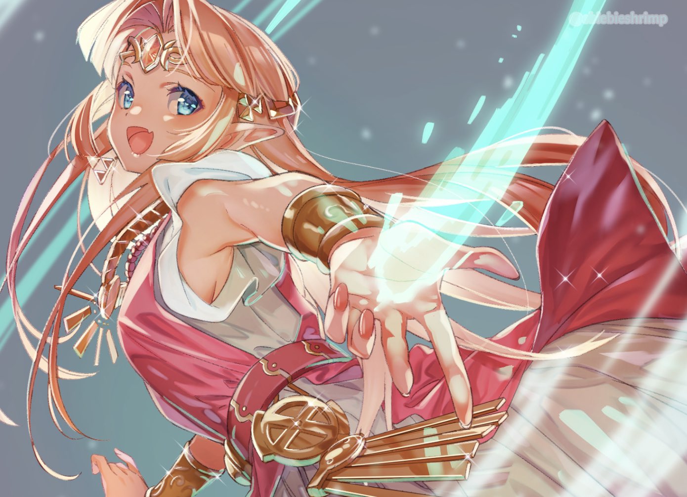 1girl :d bangle bangs belt blonde_hair blue_eyes bracelet breasts circlet commentary cowboy_shot dress fang foreshortening glint grey_background jewelry long_hair looking_at_viewer magic medium_breasts open_mouth outstretched_hand parted_bangs pink_dress pointy_ears princess_zelda shuri_(84k) simple_background skin_fang smile solo super_smash_bros. the_legend_of_zelda twitter_username