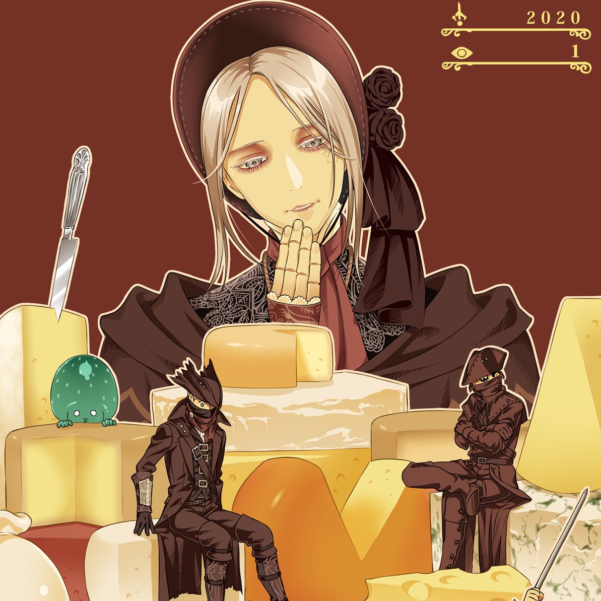 arizuka_(catacombe) bloodborne butter_knife celestial_emissary cheese coat crack doll doll_joints food grey_eyes grey_hair hat headdress hunter_(bloodborne) joints plain_doll tricorne