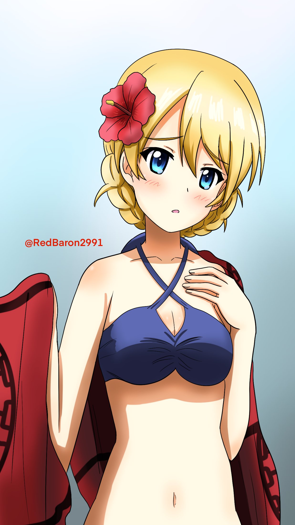 1girl bangs bikini blonde_hair blue_background blue_bikini blue_eyes blush braid breasts commentary criss-cross_halter darjeeling_(girls_und_panzer) eyebrows_visible_through_hair flower girls_und_panzer gradient gradient_background hair_flower hair_ornament halterneck hand_on_own_chest head_tilt hibiscus highres holding holding_towel light_frown looking_at_viewer medium_breasts navel parted_lips red_flower red_towel redbaron short_hair solo swimsuit tied_hair towel twin_braids twitter_username upper_body