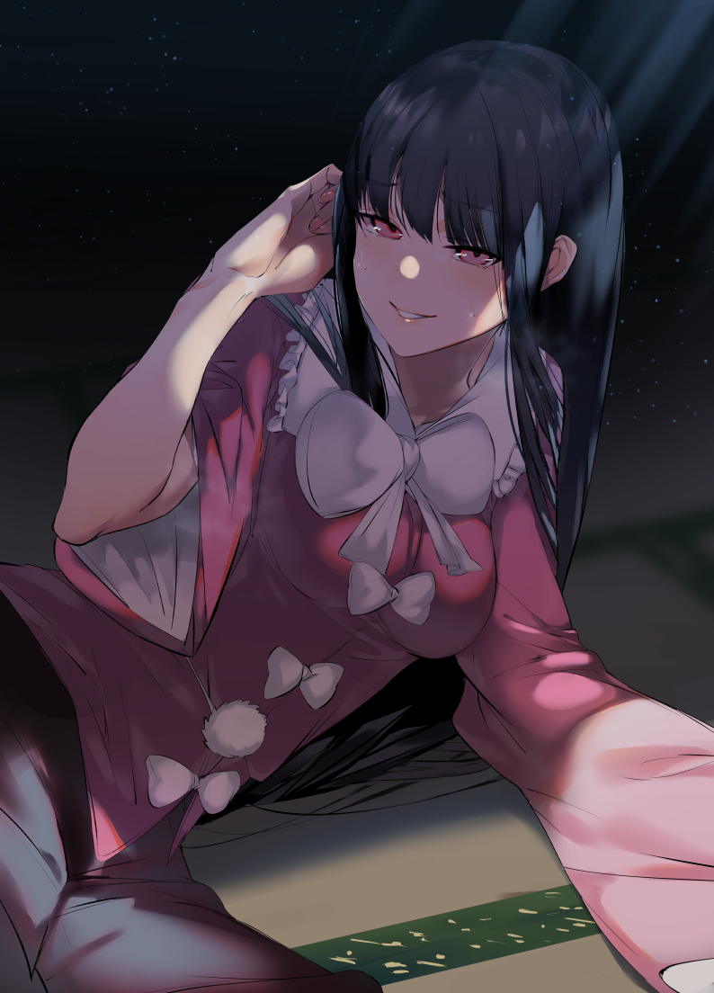 1girl asuzemu bangs black_hair blunt_bangs bow breasts commentary_request eyebrows_visible_through_hair grin hime_cut houraisan_kaguya japanese_clothes kimono light_particles light_rays long_sleeves looking_at_viewer lounging medium_breasts nail_polish pink_eyes pink_kimono pink_nails shadow smile solo straight_hair sweat tatami teeth touhou upper_body white_bow wide_sleeves