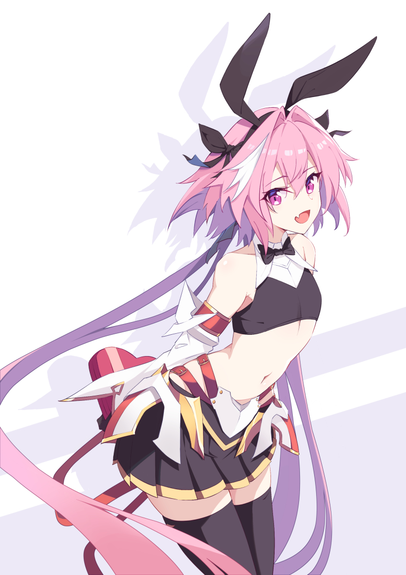 1boy animal_ears astolfo_(fate) astolfo_(saber)_(fate) bare_shoulders black_legwear blush bow bowtie box elbow_gloves eyebrows_visible_through_hair fake_animal_ears fang fate/grand_order fate_(series) gift gloves hair_between_eyes hair_bow happy heart-shaped_box holding holding_gift kurisu~tina long_hair looking_at_viewer male_focus miniskirt navel open_mouth otoko_no_ko pink_hair rabbit_ears skin_fang skindentation skirt smile solo thigh-highs twintails underwear violet_eyes