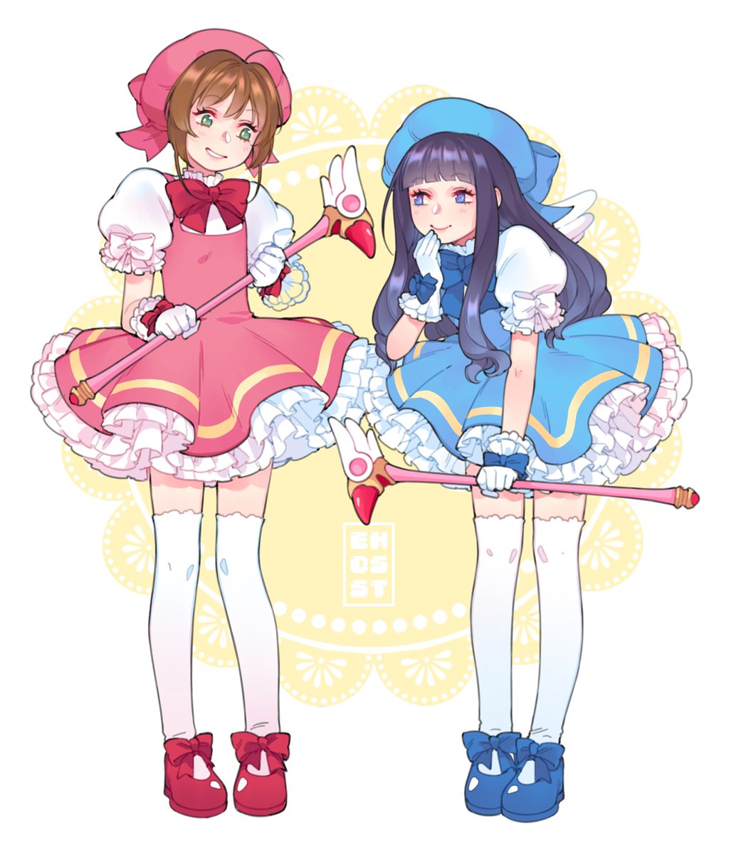 2girls bangs black_hair blue_footwear blunt_bangs brown_hair cardcaptor_sakura cosplay daidouji_tomoyo enosst frilled_skirt frills gloves green_eyes highres kinomoto_sakura kinomoto_sakura_(cosplay) long_hair magical_girl multiple_girls puffy_short_sleeves puffy_sleeves red_footwear shoes short_hair short_sleeves skirt smile thigh-highs violet_eyes white_gloves white_legwear