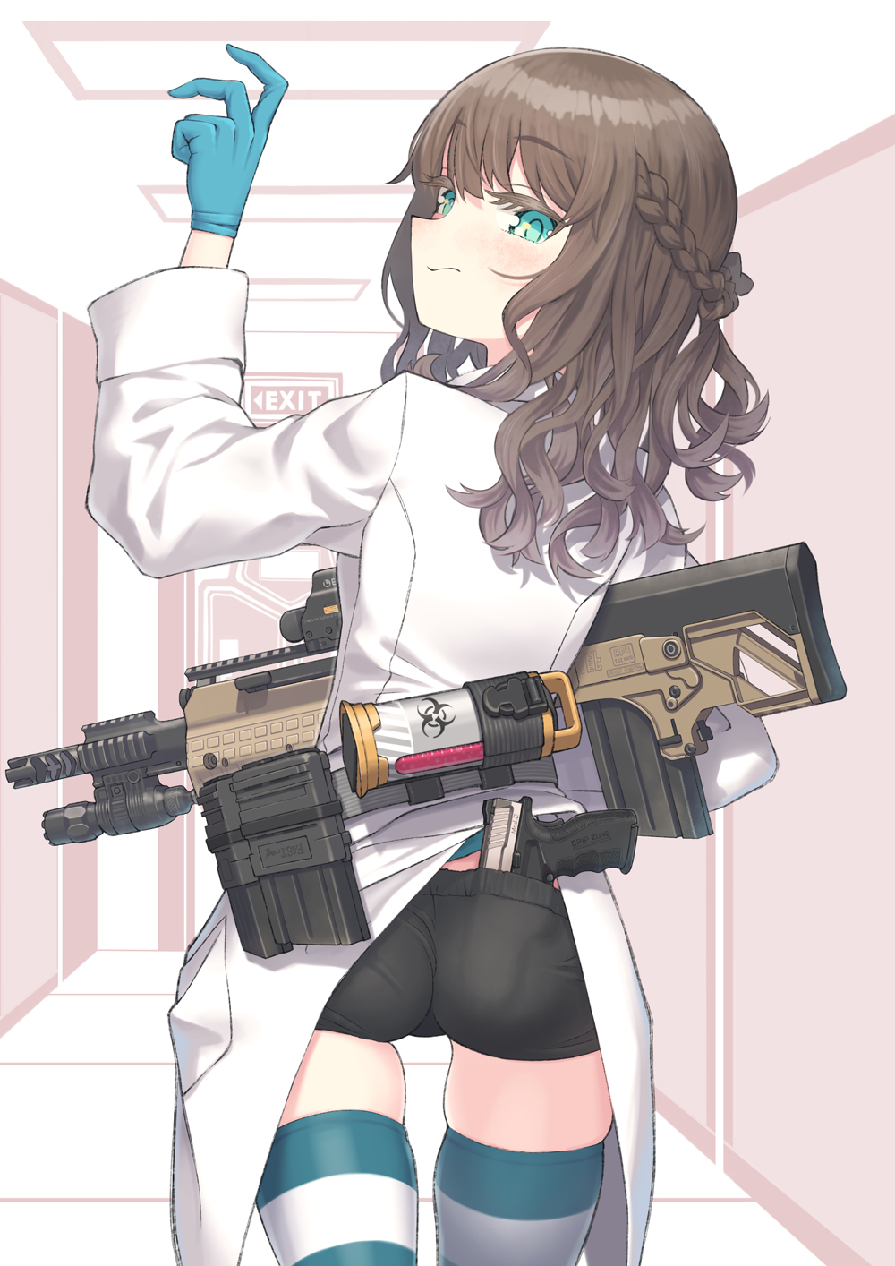 1girl annoyed aqua_eyes ass assault_rifle bangs biohazard_symbol black_shorts blush braid brown_hair bullpup closed_mouth commentary commentary_request crown_braid curly_hair eotech exit_sign flashlight gloves grimace gun hair_between_eyes handgun highres holding holding_gun holding_weapon kel-tec_rfb labcoat latex latex_gloves load_bearing_equipment long_hair magazine_(weapon) optical_sight original pistol rifle samaru_asgl short_shorts shorts skindentation solo springfield_armory_xd_mod.2 striped striped_legwear thick_eyebrows thigh-highs tight weapon