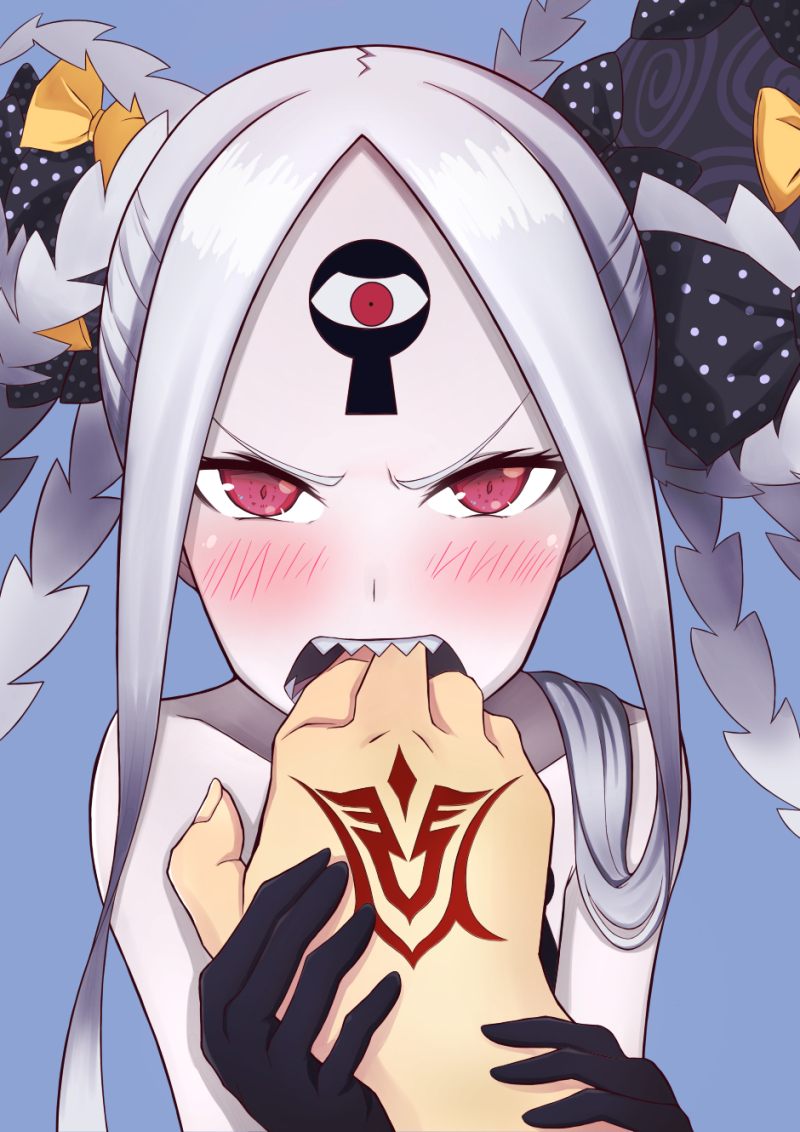 1girl 1other abigail_williams_(fate/grand_order) abigail_williams_(swimsuit_foreigner)_(fate) bare_shoulders biting blush bow command_spell commentary_request eyelashes fate/grand_order fate_(series) finger_in_another's_mouth holding_hand keyhole long_hair looking_at_viewer open_mouth pale_skin pink_eyes polka_dot polka_dot_bow silver_hair solo_focus u-ta yellow_bow