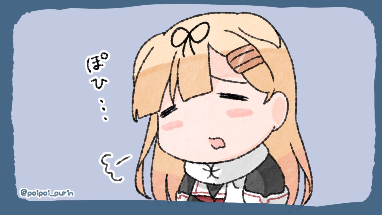 1girl =3 black_ribbon black_serafuku blonde_hair blue_background blue_border blush_stickers border chibi closed_eyes hair_flaps hair_ornament hair_ribbon hairclip kantai_collection long_hair poipoi_purin red_neckwear remodel_(kantai_collection) ribbon scarf school_uniform serafuku simple_background solo twitter_username white_scarf yuudachi_(kantai_collection)