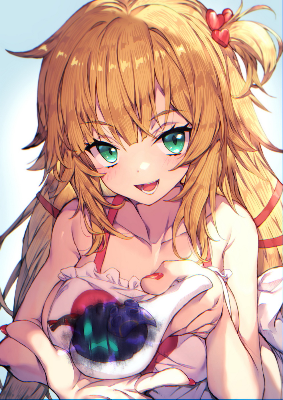 1girl :d akai_haato apron aqua_eyes bangs blonde_hair blush breasts eyebrows_visible_through_hair food giving hair_ornament hair_ribbon heart heart_hair_ornament highres holding holding_spoon hololive large_breasts long_hair looking_at_viewer naked_apron one_side_up open_mouth red_nails red_ribbon redcomet ribbon smile solo spoon very_long_hair virtual_youtuber