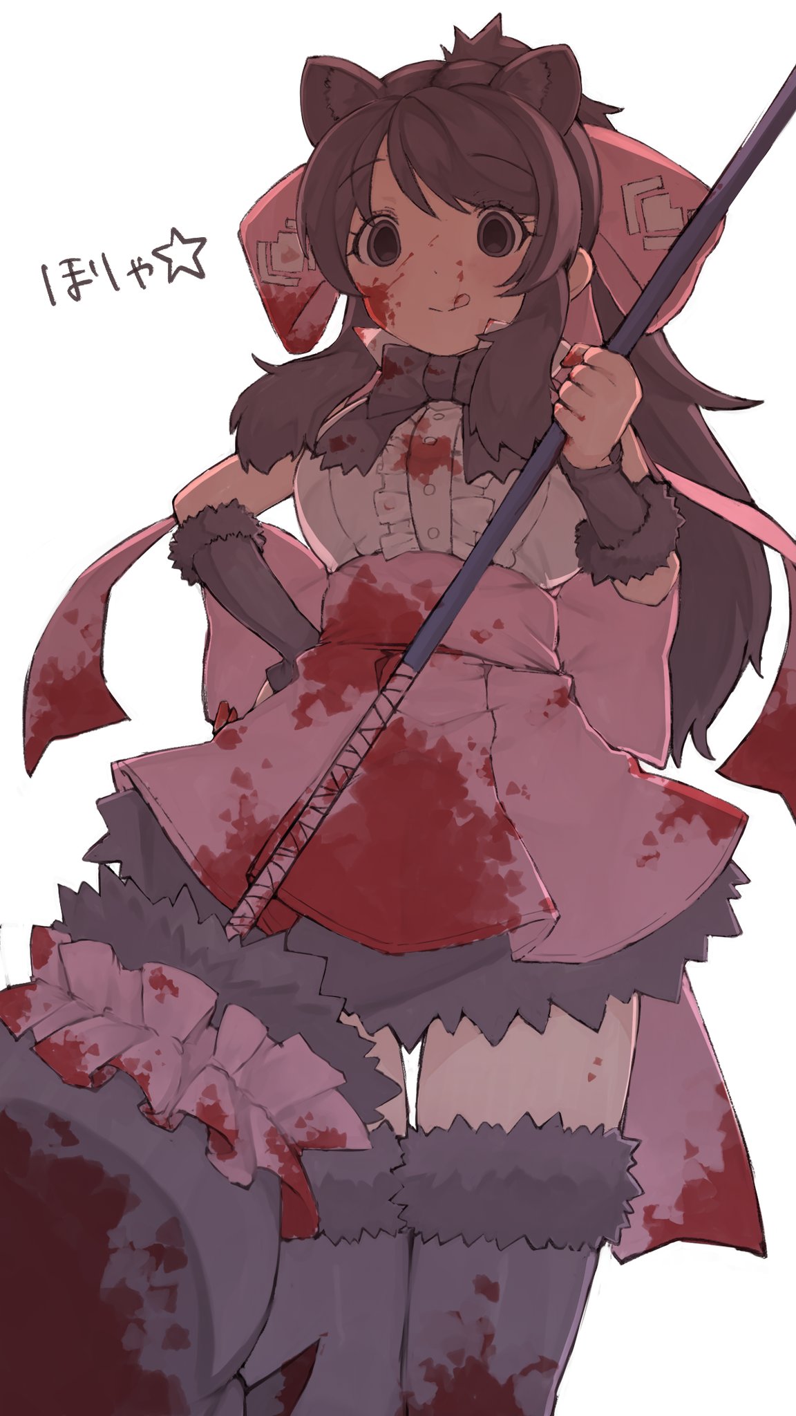 1girl :q alenka animal_ears back_bow backlighting bangs bear_ears bear_girl bear_paw_hammer bergman's_bear_(kemono_friends) black_eyes black_hair blood blood_on_face blood_splatter bloody_clothes bloody_hands bloody_weapon bow bowtie bracer center_frills closed_mouth commentary_request empty_eyes extra_ears eyebrows_visible_through_hair feet_out_of_frame frills fur_trim hair_bow hand_on_hip hand_up highres holding holding_weapon huge_bow kemono_friends licking_lips long_hair looking_down shirt sidelocks simple_background skirt smile solo swept_bangs tongue tongue_out weapon white_background