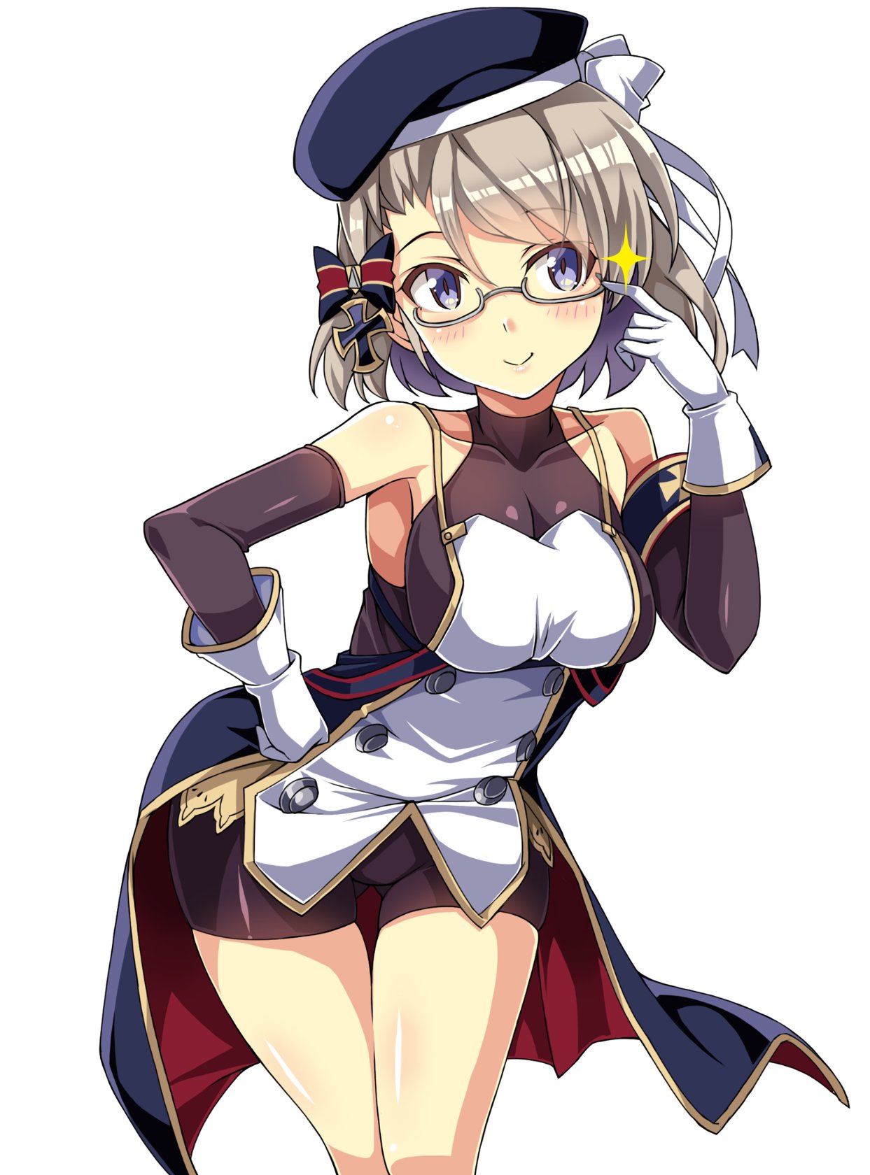 azur_lane beret bodysuit_under_clothes bow glasses gloves hat highres iron_cross light_brown_hair macaroni_hourensou short_hair striped striped_bow violet_eyes z23_(azur_lane)