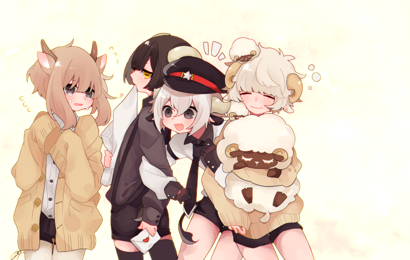 4boys animal_ears arm_grab bangs black_eyes black_hair black_headwear black_legwear black_neckwear black_shirt black_shorts blonde_hair blunt_bangs brown_cardigan brown_hair brown_sweater buttons cardigan closed_eyes collared_shirt cow_boy cow_boy_(tsubaki_tsubaru) cow_ears cow_horns cow_tail crying crying_with_eyes_open curly_hair deer_boy deer_boy_(tsubaki_tsubaru) deer_ears eating finger_gloves flying_sweatdrops goat_boy goat_boy_(tsubaki_tsubara) goat_tail hair_between_eyes hat holding holding_stuffed_toy horizontal_pupils horns long_sleeves love_letter multiple_boys necktie original paper sheep sheep_boy sheep_boy_(tsubaki_tsubara) sheep_ears sheep_horns shirt short_hair short_hair_with_long_locks shorts signature sleepy sleeves_past_wrists smile star_(symbol) stuffed_animal stuffed_sheep stuffed_toy suspender_shorts suspenders sweater tail tears thigh-highs tsubaki_tsubaru white_hair white_legwear white_shirt yellow_background yellow_eyes