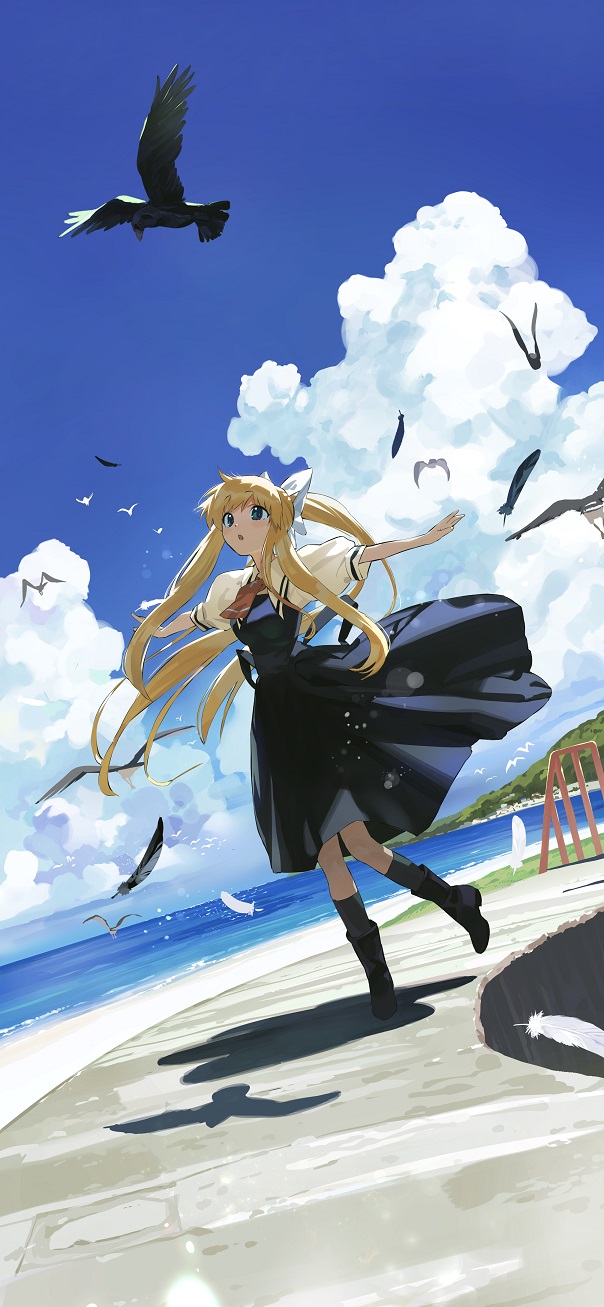 1girl air bangs bird black_footwear black_legwear blonde_hair blue_eyes boots bow clouds cumulonimbus_cloud day dress eyebrows_visible_through_hair feathers hair_bow highres kamio_misuzu kitou_sakeru kneehighs long_hair ocean open_mouth outdoors ponytail short_sleeves sidelocks sky summer water white_bow