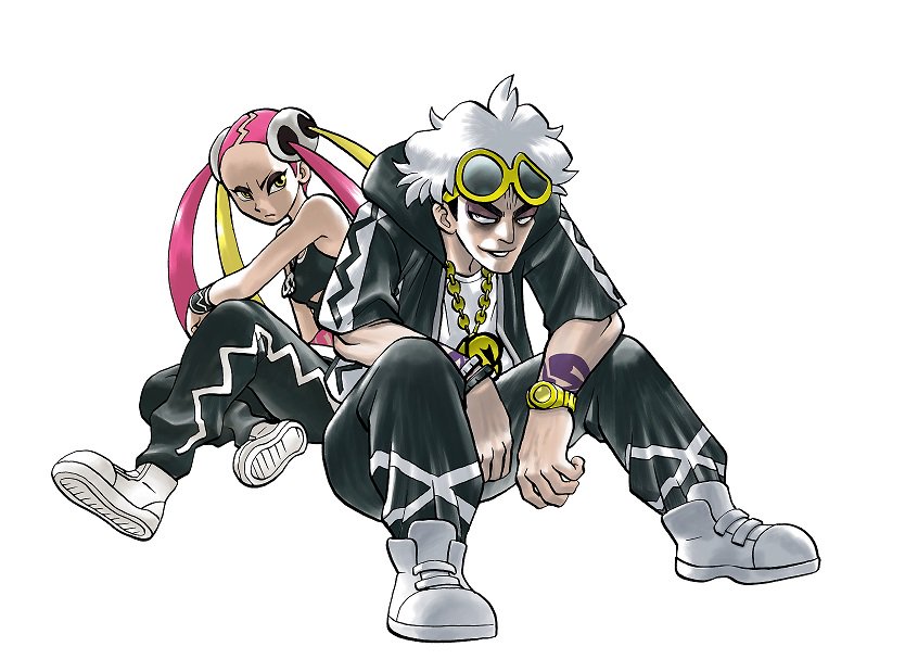 1boy 1girl black_hair black_jacket black_pants blonde_hair bracelet breasts closed_mouth commentary_request eyeshadow eyewear_on_head frown guzma_(pokemon) hair_ornament hood hood_down jacket jewelry long_hair looking_at_viewer makeup multicolored_hair necklace open_clothes open_jacket pants parted_lips pink_hair plumeria_(pokemon) pokemon pokemon_(game) pokemon_sm quad_tails shirt shoes short_hair short_sleeves simple_background sitting skull_hair_ornament smile sunglasses tank_top tattoo team_skull two-tone_hair very_long_hair white_background white_footwear white_hair white_shirt yamamoto_satoshi yellow_eyes