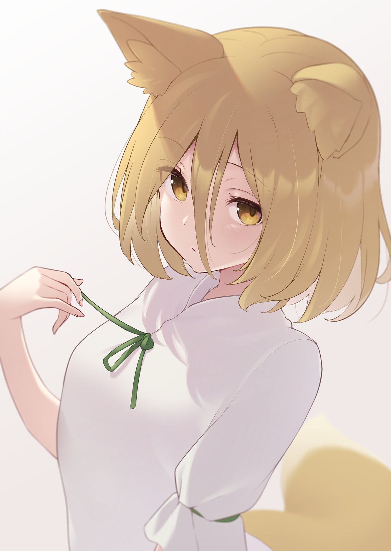 1girl animal_ear_fluff animal_ears blonde_hair blurry breasts commentary_request depth_of_field eyebrows_visible_through_hair eyes_visible_through_hair fox_ears fox_tail hair_between_eyes highres kanpa_(campagne_9) kudamaki_tsukasa light_blush light_smile looking_at_viewer romper short_hair simple_background small_breasts solo tail touhou upper_body white_background yellow_eyes