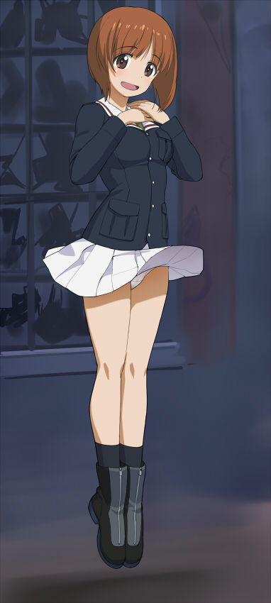 1girl a1 bangs black_footwear black_legwear blue_jacket boots brown_eyes brown_hair commentary eyebrows_visible_through_hair full_body girls_und_panzer hands_on_own_chest jacket jumping long_sleeves looking_at_viewer military military_uniform miniskirt nishizumi_miho ooarai_military_uniform open_mouth panties pantyshot pleated_skirt short_hair skirt smile socks solo underwear uniform white_panties white_skirt zipper