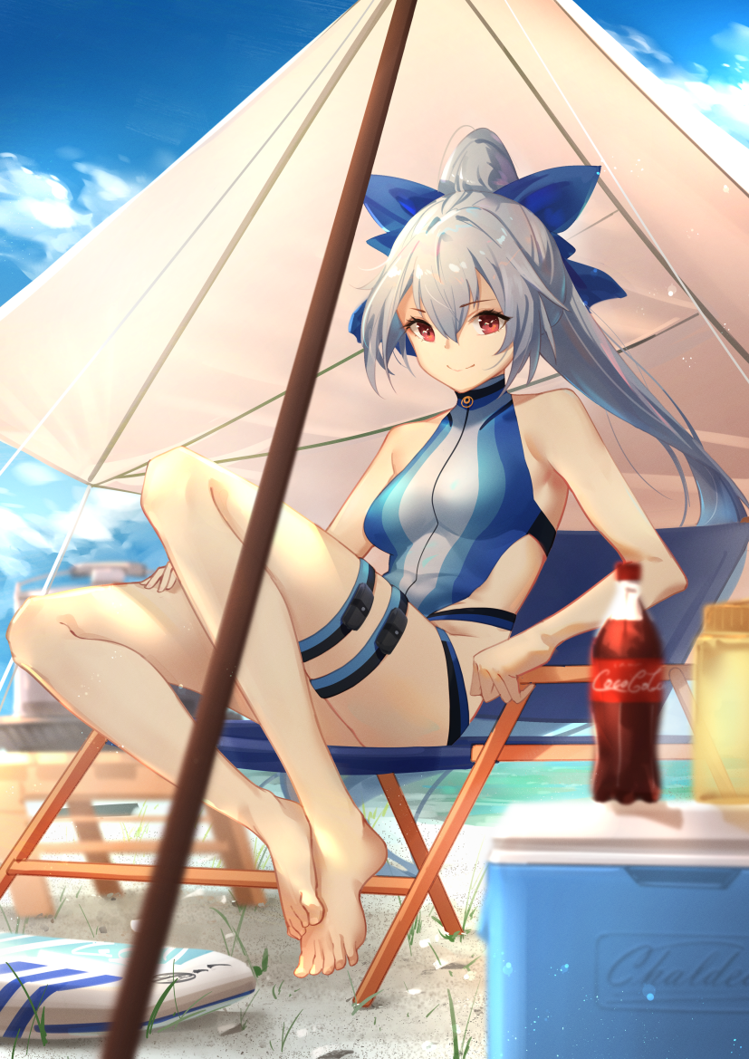 1girl bangs blue_bow blue_swimsuit bow breasts faicha fate/grand_order fate_(series) hair_between_eyes hair_bow highleg highleg_swimsuit large_breasts legs long_hair looking_at_viewer one-piece_swimsuit ponytail red_eyes silver_hair swimsuit thighs tomoe_gozen_(fate/grand_order) tomoe_gozen_(swimsuit_saber)_(fate) two-tone_swimsuit white_swimsuit