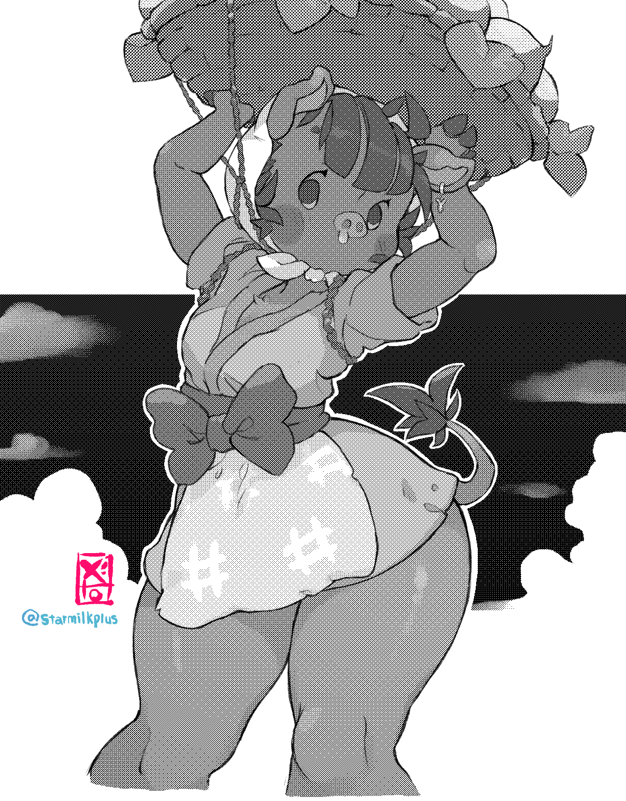 1girl animal_ears apron arms_up artist_name bangs basket blunt_bangs blush blush_stickers bow breasts clouds commentary cropped_legs day doubutsu_no_mori earrings english_commentary furry greyscale halftone head_scarf highres holding japanese_clothes jewelry kimono leaf looking_to_the_side mixed-language_commentary monochrome no_mouth object_on_head older outdoors pig_ears pig_tail rope sash shiny shiny_hair shiny_skin short_hair short_kimono short_sleeves signature single_earring sky small_breasts snot snout solo spot_color standing starmilk tail thick_thighs thighs transparent_background turnip twitter_username uri_(doubutsu_no_mori) watermark wide_hips yen_sign