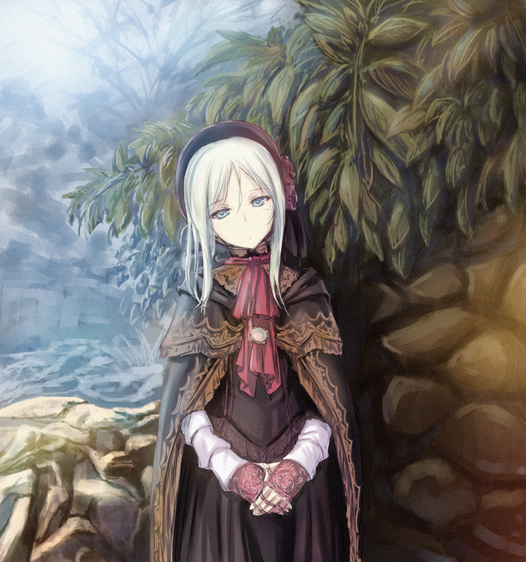 1girl bloodborne blue_eyes doll doll_joints head_tilt jewelry joints leaf maid_dress maid_headdress necklace plain_doll stone tenmaso white_hair