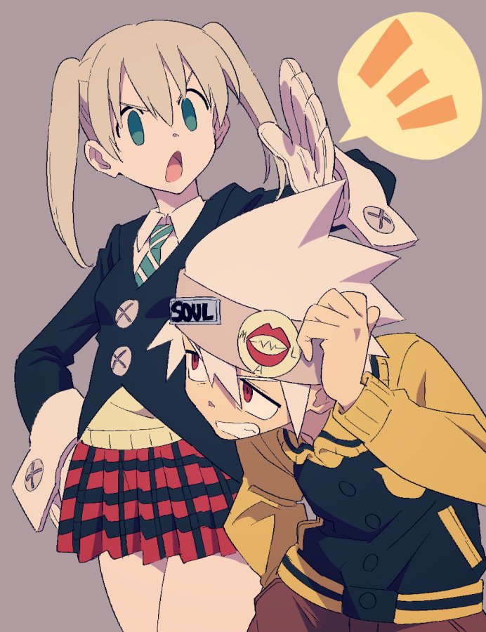 1boy 1girl bangs black_jacket blonde_hair chop clenched_teeth enotou_(enotou_moi) glover gloves grey_background headband hunched_over jacket long_hair long_sleeves maka_albarn necktie open_mouth plaid plaid_skirt redhead simple_background skirt soul_eater soul_eater_(character) striped striped_neckwear teeth track_jacket twintails white_gloves white_hair