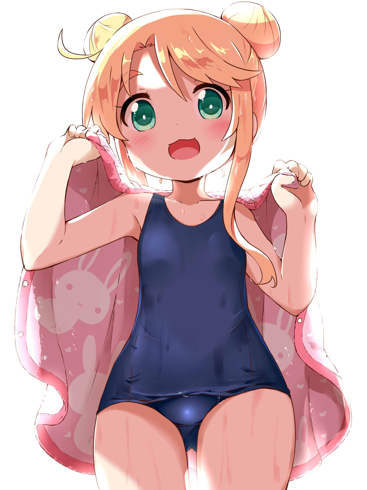 1girl :d animal_print bangs bare_arms bare_shoulders blonde_hair blue_swimsuit blush breasts bunny_print commentary_request cowboy_shot double_bun eyebrows_visible_through_hair green_eyes hair_between_eyes hands_up highres himesaka_noa holding holding_towel long_hair looking_at_viewer makuran old_school_swimsuit one-piece_swimsuit open_mouth school_swimsuit sidelocks simple_background small_breasts smile solo standing swimsuit thick_eyebrows towel watashi_ni_tenshi_ga_maiorita! white_background