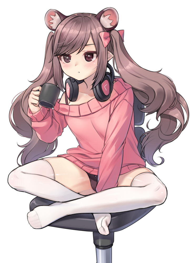 1girl animal_ears between_legs black_panties brown_eyes brown_hair chair cup hair_ribbon hand_between_legs headphones holding holding_cup indian_style kuro_(kuronell) long_hair mouse_ears no_pants off-shoulder_sweater off_shoulder office_chair original panties pink_sweater pointy_ears ribbed_sweater ribbon sitting skindentation solo sweater thigh-highs twintails underwear virtual_youtuber white_background white_legwear