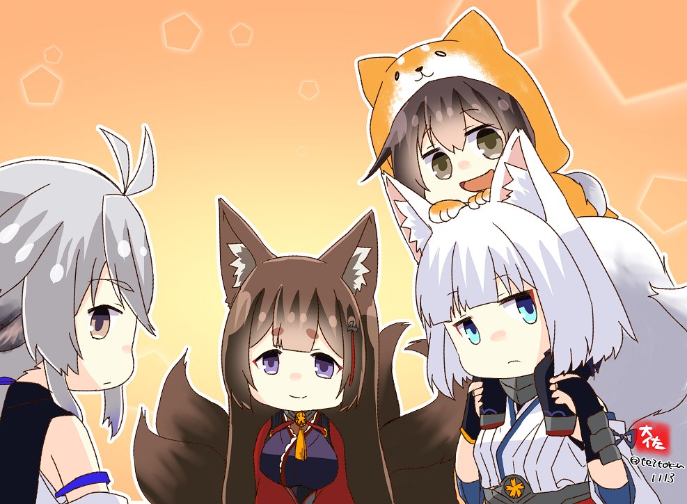 4girls :d amagi_(azur_lane) animal_ears animal_hood artist_name azur_lane bare_shoulders blue_eyes brown_eyes brown_hair crossover detached_sleeves eyebrows_visible_through_hair fox_ears fox_tail grey_eyes hair_between_eyes heart hood japanese_clothes kaga_(azur_lane) kaga_(battleship)_(azur_lane) kaga_(kantai_collection) kantai_collection long_hair long_sleeves multiple_girls multiple_tails namesake open_mouth short_hair signature smile tail taisa_(kari) tosa_(azur_lane) twitter_username violet_eyes wide_sleeves