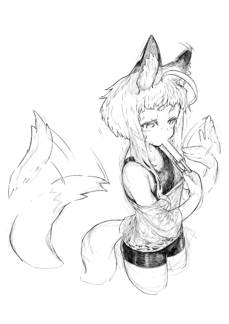 1girl afterimage ahoge animal_ear_fluff animal_ears bike_shorts eating fanning_face fanning_self food fox_ears fox_girl fox_tail greyscale hikimayu hot jaco monochrome off_shoulder original popsicle see-through short_shorts shorts solo sweat tail thick_eyebrows white_background