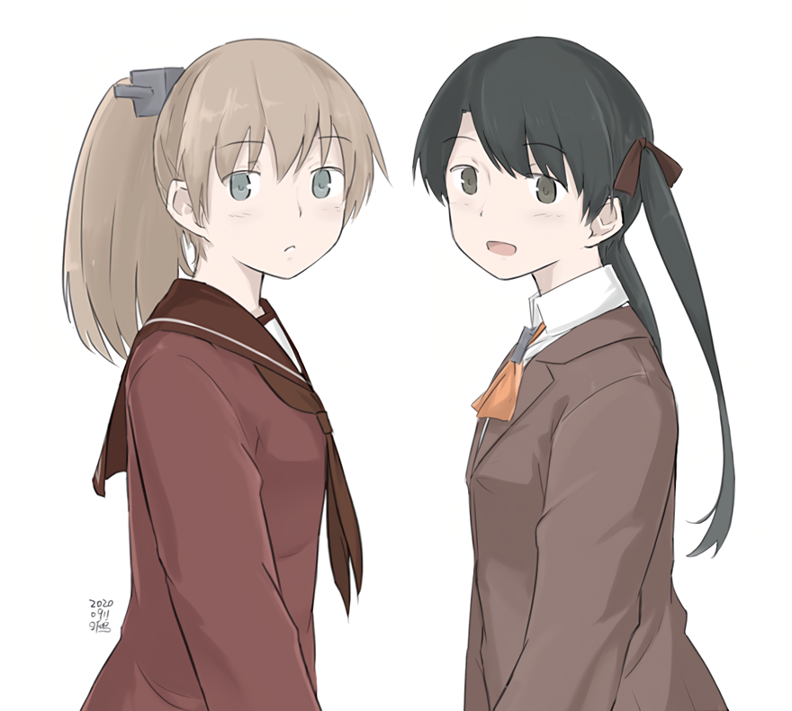 2girls artist_name ascot black_hair blazer brown_hair brown_jacket brown_neckwear brown_sailor_collar brown_serafuku cosplay costume_switch dated grey_eyes jacket kantai_collection kumano_(kantai_collection) kumano_(kantai_collection)_(cosplay) kusakasima long_hair looking_at_viewer mikuma_(kantai_collection) mikuma_(kantai_collection)_(cosplay) multiple_girls neckerchief orange_neckwear ponytail sailor_collar simple_background twintails upper_body white_background