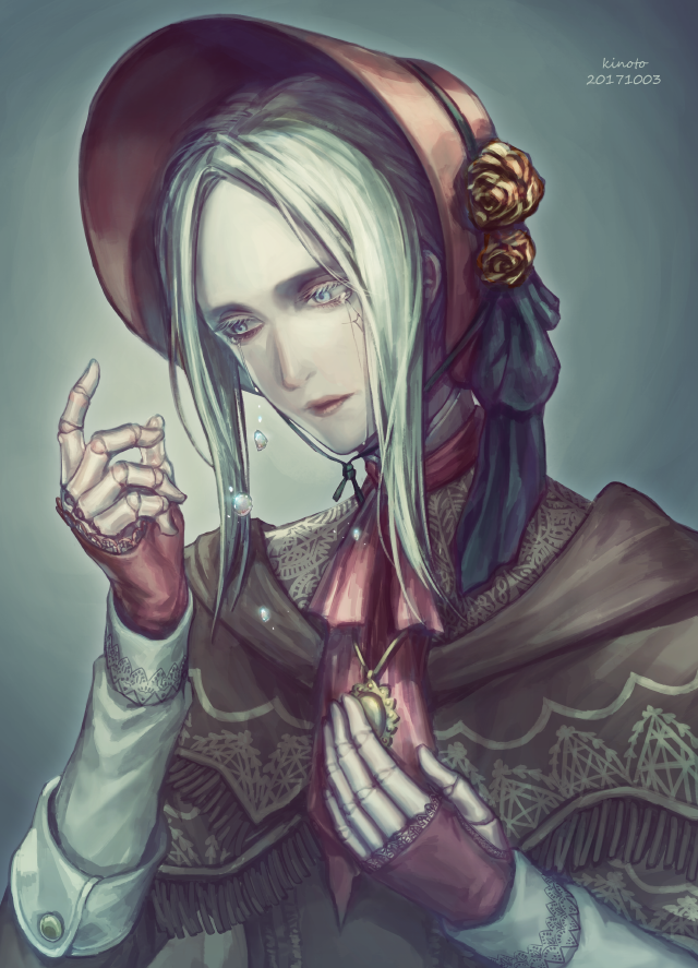 1girl bloodborne blue_eyes crack cracked_skin crying crying_with_eyes_open doll doll_joints headdress joints kizdollark plain_doll tears white_hair