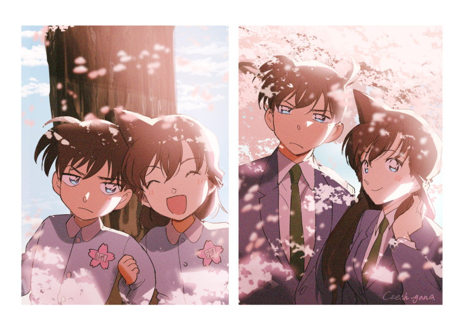 1boy 1girl :d ^_^ age_comparison ahoge bangs blazer blue_eyes brown_hair cherry_blossoms child closed_eyes collared_shirt czech_gana dappled_sunlight day embarrassed frown green_neckwear hair_tucking happy jacket jitome kindergarten_uniform kudou_shin'ichi locked_arms long_hair looking_at_viewer meitantei_conan motion_blur mouri_ran name_tag necktie open_mouth petals pointy_hair shirt side-by-side sky smile sunlight tree upper_body white_shirt younger