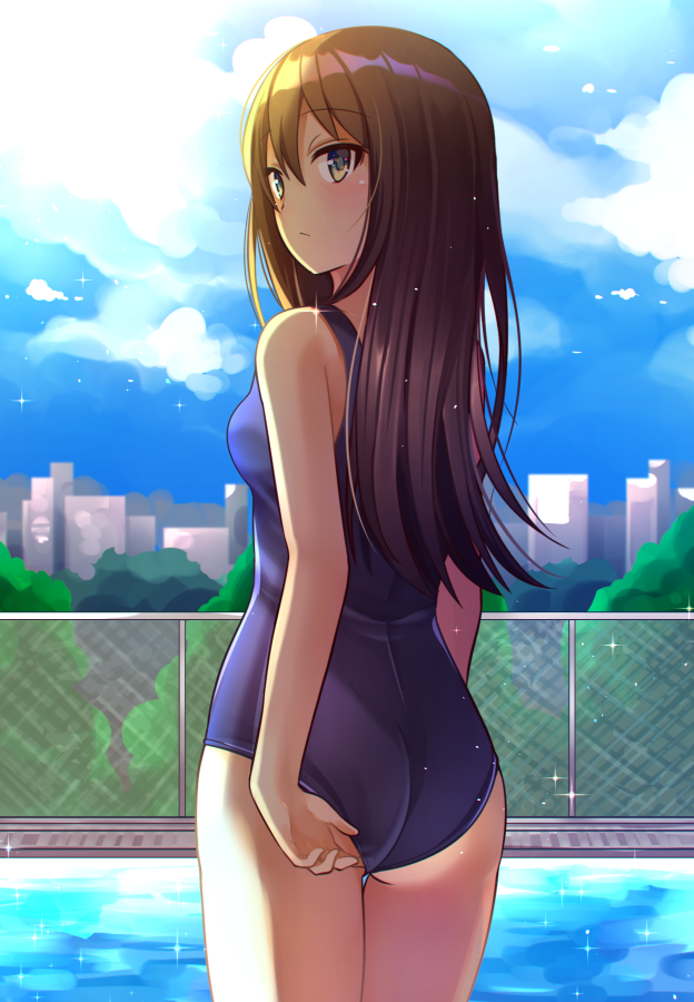 1girl adjusting_clothes adjusting_swimsuit ass bangs blue_swimsuit blush breasts brown_hair clouds day eyebrows_visible_through_hair green_eyes hair_between_eyes idolmaster idolmaster_cinderella_girls long_hair looking_back outdoors pool school_swimsuit shibuya_rin shiny shiny_hair small_breasts solo sparkle straight_hair swimsuit thigh_gap very_long_hair z.nov